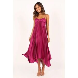 NORDSTROM Women Magenta Bow Pleated Midi Dress Size 12 Spaghetti Straps
